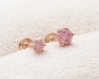 14K Soild Gold 2mm, 2.5mm, 3mm or 4mm Pink Lab Grown Diamond 5 Prongs Ear Stud Cartilage Tragus Helix Conch Internally Labret Piercing 1qty