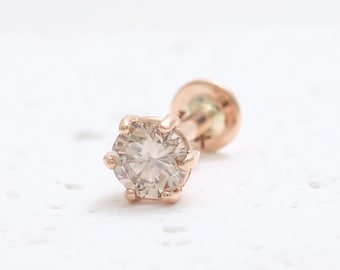 14K 18K Solid Gold 0.07ct, 0.1ct or 0.25ct Genuine  Light Brown Diamond 6 Prongs Ear Stud Cartilage Tragus Helix Labret Piercing Earring