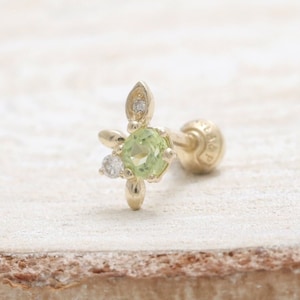 14K 18K Solid Gold Genuine Peridot Accent & Tiny Diamonds Elf Leaf Stud, Cartilage, Tragus, Helix, Conch, Lobe, Piercing Earring-16G, 18G