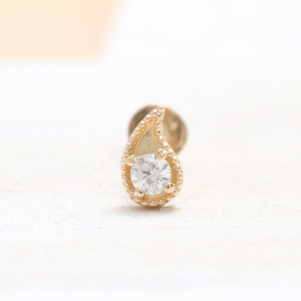 14K Solid Gold CZ, Moissanite Lab or Genuine Diamond Tiny Paisley Ear Stud Cartilage Tragus Helix Conch Internally Threaded Labret Piercing