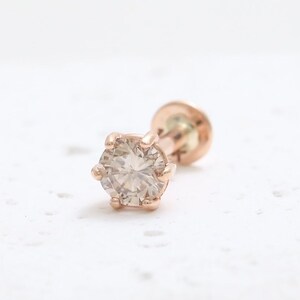 14K 18K Solid Gold 0.07ct, 0.1ct or 0.25ct Genuine  Light Brown Diamond 6 Prongs Ear Stud Cartilage Tragus Helix Labret Piercing Earring