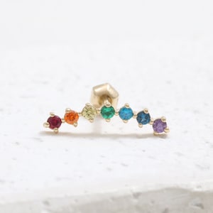 14K 18K Solid Gold Multi Color Rainbow CZ Curved Stick Stud, Cartilage, Tragus, Helix, Conch, Lobe, Piercing Earring-16G, 18G/ 1qty