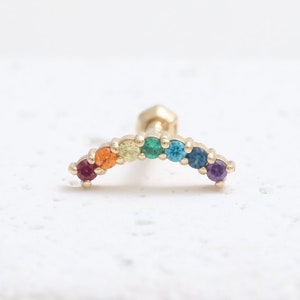 14K 18K Solid Gold Multi Color Rainbow CZ Curved Stick Ear Stud, Flat, Helix, Conch, Lobe, Cartilage, Piercing Earring-16G, 18G/ 1qty