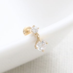 14K Solid Gold Dual CZ, Moissanite, Lab or Genuine Diamond Dangling Ear Cartilage, Tragus, Helix, Conch, Internally Threaded Labret Piercing