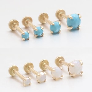 14K 2mm, 2.5mm, 3mm, 4mm Rose Cut Turquoise or Opal CZ 4 Prongs Ear Stud Cartilage Tragus Helix Conch Internally Threaded Labret Piercing