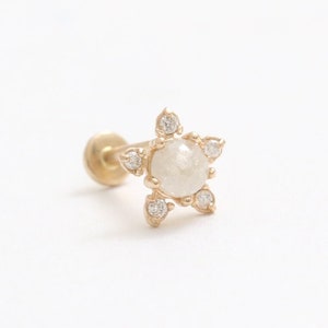 14K Solid Gold Gray Diamond & Tiny CZ, Moissanite, Lab, Genuine Diamond Star Flower Stud Cartilage Tragus Helix Internally Labret Piercing