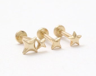 14K Solid Gold Starburst Sparkle Star, Super Tiny Star Ear Stud Cartilage Tragus Helix Conch Internally Threaded Labret Piercing Earring 18G