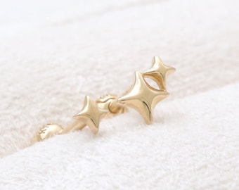 14K 18K Solid Gold Tiny Single or Dual Starburst Sparkle Star Ear Stud, Cartilage, Tragus, Helix, Conch, Lobe, Piercing Earring 16G, 18G