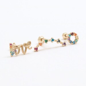 14K 18K Solid Gold Multi Color Rainbow CZ LOVE Script, Curved Stick, Open Circle Ear Stud Helix Conch Lobe Cartilage Piercing Earring 1qty
