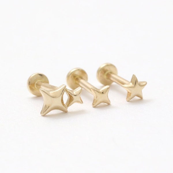 14K Solid Gold Starburst Sparkle Star, Super Tiny Star Ear Stud Kraakbeen Tragus Helix Conch Intern schroefdraad Labret Piercing Oorbel 18G