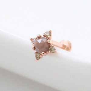 14K Solid Gold Rose Cut Genuine Diamond & Brown Diamond Accent Edgy Star Ear Stud Cartilage Tragus Helix Internally Threaded Labret Piercing