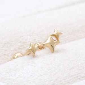 14K 18K Solid Gold Tiny Single or Dual Starburst Sparkle Star Ear Stud, Cartilage, Tragus, Helix, Conch, Lobe, Piercing Earring 16G, 18G