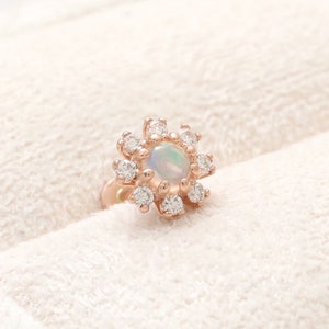 14K Solid Gold Opal & CZ, Moissanite, Lab or Diamond Halo Flower Ear Stud Cartilage Tragus Helix Conch Internally Threaded Labret Piercing
