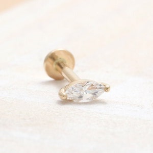14K Solid Gold Marquis CZ, Moissanite, Lab or Genuine Diamond Prongs Stud Cartilage Tragus Helix Conch Internally Labret Piercing 18g 16g