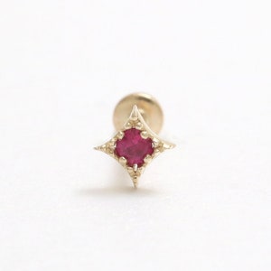 14K Solid Gold Ruby CZ or Genuine Ruby Accent Tiny Diamond Shaped Ear Stud Cartilage Tragus Helix Conch Internally Threaded Labret Piercing