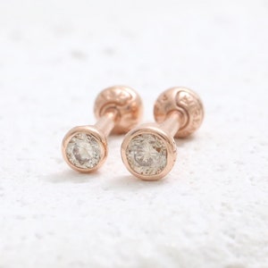 14K 18K Gold Various Carats Genuine Light Brown Diamond Bezel Setting Ear Stud Cartilage Tragus Helix Conch Lobe Piercing Earring 18g, 16g
