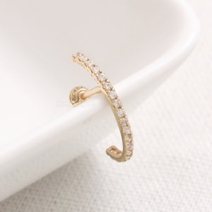 Brinco de ouro maciço 14K 18K CZ, moissanita, lab ou diamante genuíno pavê com barra curva fina, brinco suspensor de orelha - 16G, 18G/ 1 qtd.