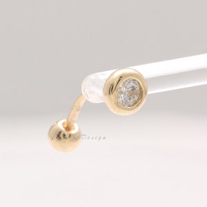 14K 18K Solid Gold 0.1ct CZ, Moissanite, Lab or Genuine Diamond Bezel & Ball Curved Barbell Helix Cartilage Snug Rook Daith Piercing Earring