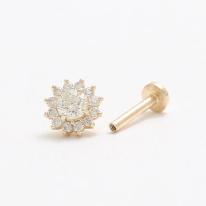 14K Solid Gold CZ, Moissanite, Lab or Genuine Diamond Sunflower Ear Stud Cartilage Tragus Helix Conch Internally Labret Piercing 18g 16g