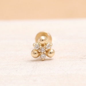 14K Solid Gold CZ, Moissanite, Lab or Genuine Diamond Triple Ball Stud Cartilage Tragus Helix Conch Internally Threaded Labret Ear Piercing