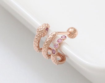 14K 18K Solid Gold Genuine Pink Sapphire Snake Ear Hoop Stud, Cartilage, Tragus, Helix, Outer Conch, Lobe, Piercing Earring 16G, 18G/ 1qty