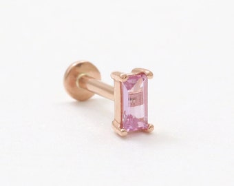 14K Solid Gold Tiny Baguette Cut Pink Sapphire 4 Prongs Srtting Stud Cartilage Tragus Helix Conch Internally Threaded Labret Ear Piercing