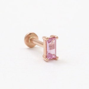 14K Solid Gold Tiny Baguette Cut Pink Sapphire 4 Prongs Srtting Stud Cartilage Tragus Helix Conch  Labret or Ball Back Piercing Earring 1qty