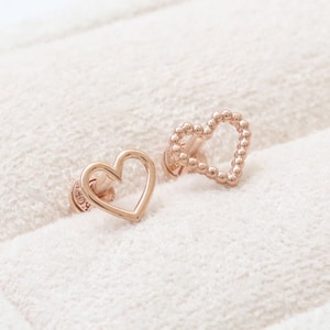 14K 18K Solid Gold Small Open Heart or Tiny Dots Bubbles Heart Ear Stud, Cartilage, Tragus, Helix, Conch, Lobe, Piercing Earring- 16G, 18G