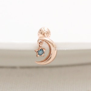 14K 18K Solid Gold Crescent & Blue Diamond Dangle Tiny Star Stud Cartilage Tragus Helix Conch Lobe Ball Back or Labret Piercing Earring 1qty