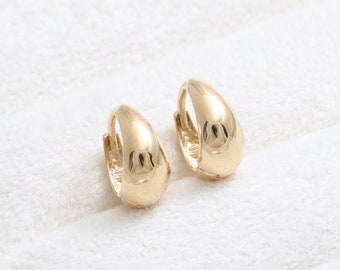 14K 18K Solid Minimalist Gold Shiny Polished Small Size Teardrop Shaped Huggie Hoop Earrings- 1pair