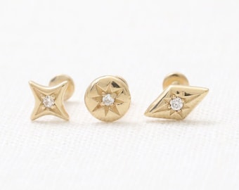 14K Solid Gold CZ, Moissanite, Lab or Genuine Diamond Star, Circle, Rhombus Stud Cartilage Tragus Helix Conch Internally Labret Ear Piercing