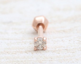 14K 18K massivt guld 2 mm, 2,5 mm, 3 mm, 3,5 mm eller 4 mm champagnefärgad diamant 4-stifts infattningsörhänge för brosk, tragus, helix, conch lob piercing
