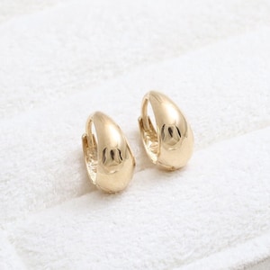 14K 18K Solid Minimalist Gold Shiny Polished Small Size Teardrop Shaped Waterdrop Hinged Ear Lobe Huggie Hoop Earrings Single or 1 Pair