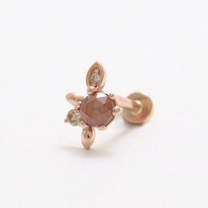 14K Solid Gold Genuine Brown Diamond & Cognac Diamonds Elf Leaf Ear Stud, Cartilage, Tragus, Helix, Internally Threaded Labret Ear Piercing