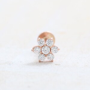 14K Solid Gold CZ, Moissanite, Lab, Genuine Diamond or Ruby Tiny Flower Stud Cartilage Tragus Helix Conch Internally Labret Ear Piercing