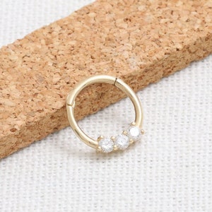 14K 18K Solid Gold 2mm Triple CZ, Moissanite, Lab or Genuine Diamond Helix Snug Cartilage Rook Daith Clicker Septum Ring Hinged Hoop Earring