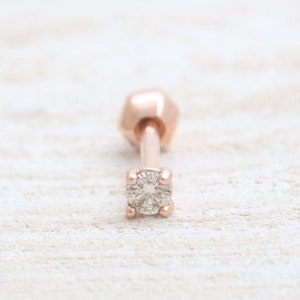 14K 18K Solid Gold 2mm, 2.5mm, 3mm, 3.5mm or 4mm Champagne Diamond 4 Prongs Setting Stud Cartilage Tragus Helix Conch Lobe Piercing Earring