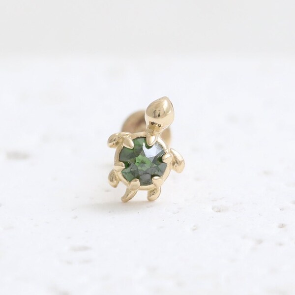 14K Solid Gold Rose Cut Green Diamond Accent Tiny Turtle Ear Stud, Cartilage, Tragus, Helix, Internally Threaded Labret Ear Piercing/ 18G