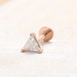14K Solid Gold Triangle CZ Ear Stud Cartilage Tragus Helix Conch IInternally Threaded Labret or Ball Back Piercing Earring 18g 16g- 1qty