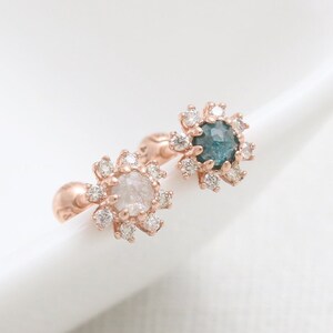 14K 18K Solid Gold Gray or Blue Genuine Diamond & Cognac Diamonds Flower Stud Cartilage Tragus Helix Conch Lobe Piercing Earring 16G, 18G