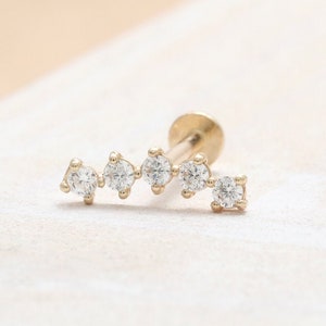 Piercing d'oreille en or massif 14 carats, cz, moissanite, diamant de laboratoire ou véritable piercing d'oreille incurvé Cartilage Tragus Helix Conch Piercing d'oreille en labret 18 g 16 g