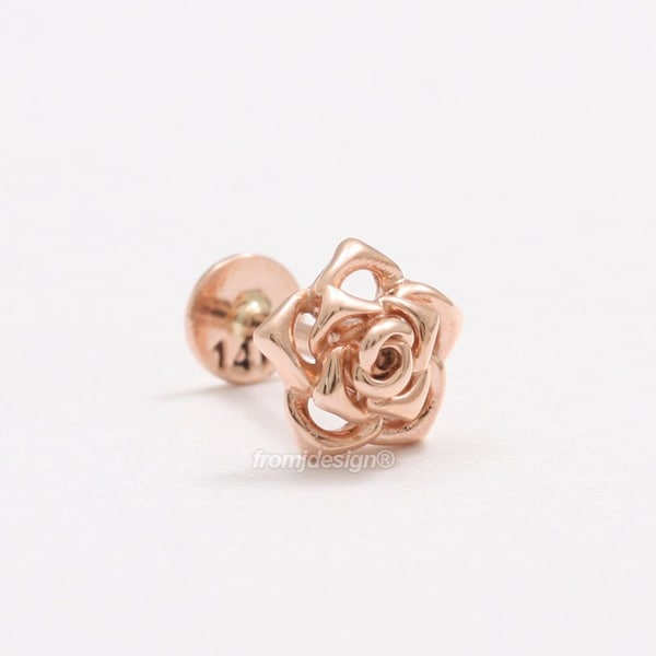 14K 18K Solid Gold Rose Flower Ear Stud, Cartilage, Tragus, Helix, Conch, Lobe Labret Piercing Earring-16G, 18G/ 1qty