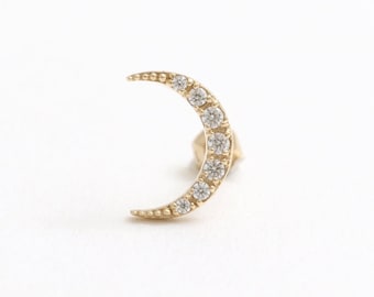 14K 18K Solid Gold CZ, Moissanite, Lab or Genuine Diamond Pave Crescent Ear Stud Cartilage Tragus Helix, Conch Lobe Piercing Earring 18g 16g