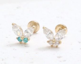 14K Solid Gold Marquise CZ Cubic Zirconia Small Butterfly Ear Stud, Cartilage, Tragus, Helix, Internally Threaded Labret Ear Piercing/ 18G