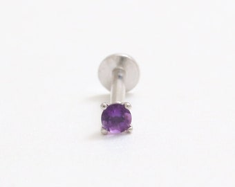 14K Solid Gold 0.03ct, 0.07ct, 0.1ct or 0.25ct Genuine Amethyst 4 Prongs Ear Stu  Cartilage Tragus Helix Conch Internally Labret Piercing