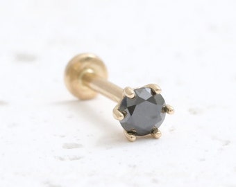 14K Solid Gold Various Carats Black Diamond 6 Prongs Setting Ear Stud Cartilage Tragus Helix Conch Internally Threaded Labret Piercing 1qty