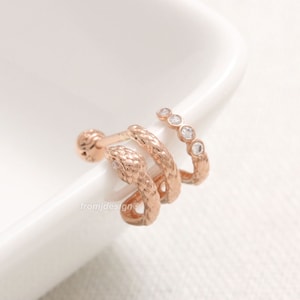 Brinco de piercing de orelha de cobra, zircônia cúbica, moissanita, lab ou diamante genuíno, cartilagem, tragus, hélice, lóbulo de concha, ouro maciço 14K 18K - 18G, 16G
