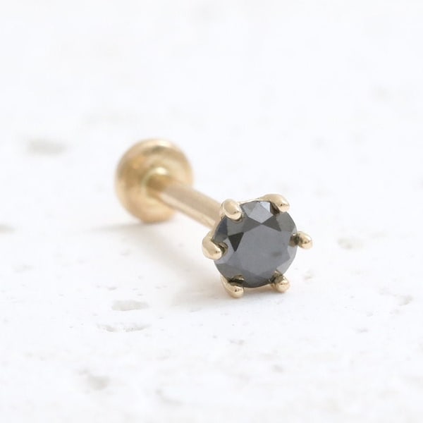 14K Gold 0.03ct, 0.1ct, 0.15ct or 0.25ct Black Diamond Prongs Ear Stud Cartilage Tragus Helix Conch Internally Threaded Labret Piercing 1qty