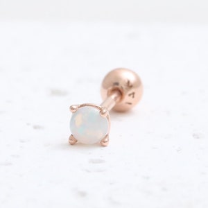 14K 18K Solid Gold 2mm, 3mm Natural Genuine Opal 4 Prongs Stud Cartilage Tragus Helix Conch Lobe Ball Back or Labret Piercing Earring 1qty