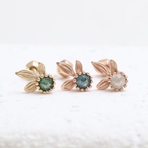 14K 18K Solid Gold Rose Cut Genuine Green, Blue or Gray Diamond Leaves Elf Flower Stud Cartilage Tragus Helix Conch Lobe Piercing Earring